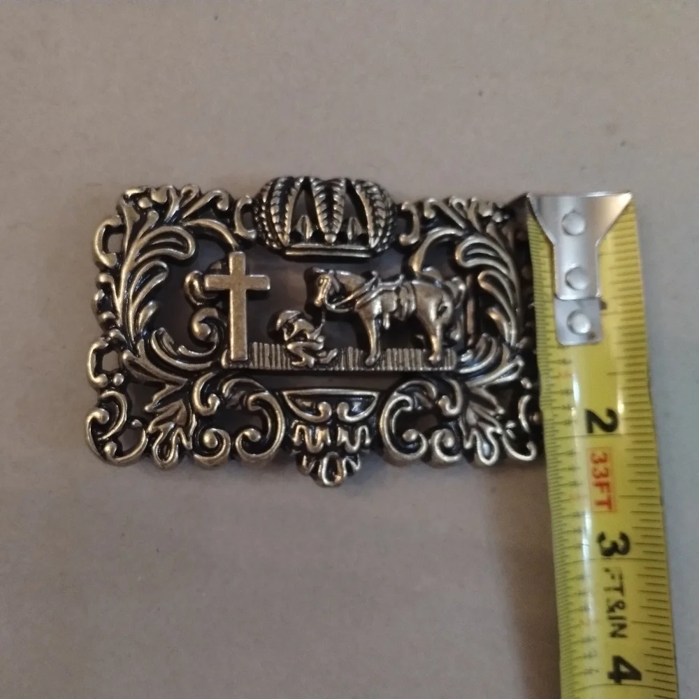 Western Belt Buckle Cross Crown Horse Cowboy Antique Tone
